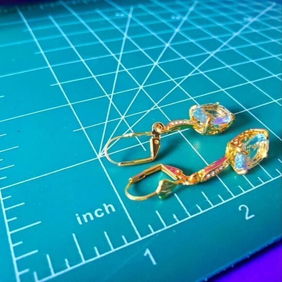 Aquamarine Gemstones 14K Yellow Gold On 925 Silver Leverback Earrings - Picture 5 of 6